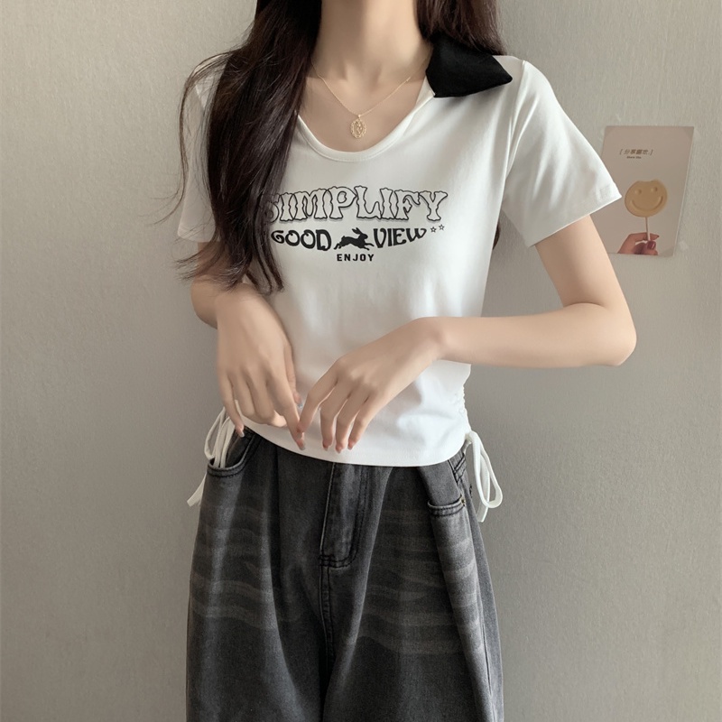 COZOK Áo Thun Ngắn Tay Dáng Ôm Phối Dây Rút In Chữ Cá Tính