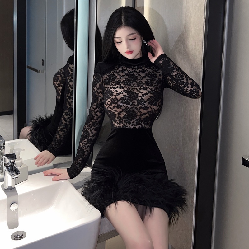 Đầm nhung ren ôm hông tay dài thời trang Âu Mỹ quyến rũ 2023 18YX1357