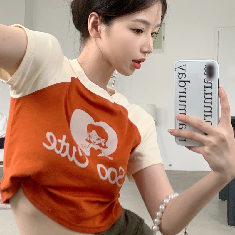 IELGY Áo Thun Tay Ngắn Dáng Ôm Màu Sắc Tương Phản Thời Trang Cho Nữ