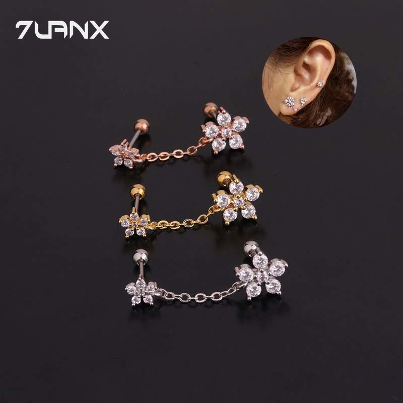 7uanX 1 Bông Tai Dây Xích Đôi Hình Hoa Bằng Thép Không Gỉ Đính Đá Zircon Thời Trang Dành Cho Nữ