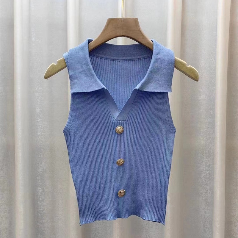 Áo Dệt Kim Sát Nách Cổ POLO Dáng Ngắn Thời Trang Mùa Hè Cho Nữ