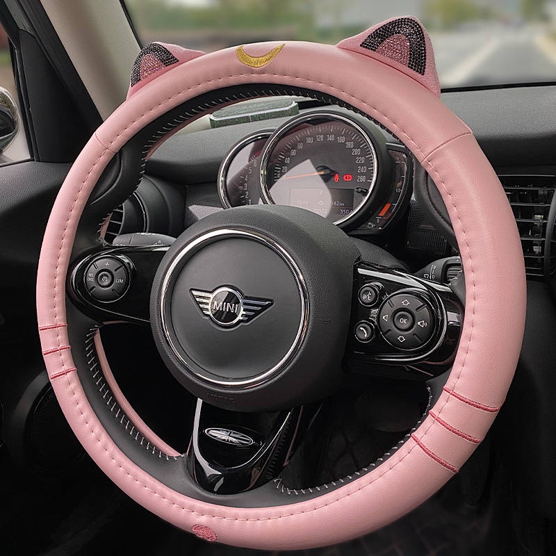 38cm Cartoon Cat Ears Steering Wheel Cover Girl PU Leather Four Seasons Fashion Trending Cute with Diamonds Car Steering Wheel Cover 83xy
