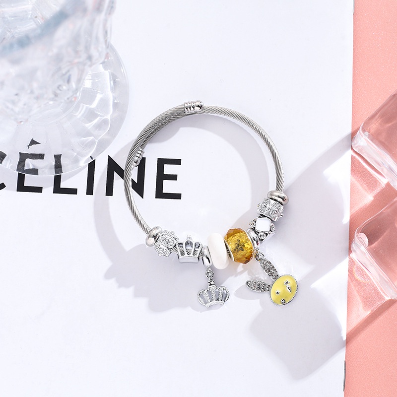 XiaoboACC Vòng Tay Hở DIY Bằng Thép Không Gỉ Hình Thỏ Không Phai Màu Có Thể Đ