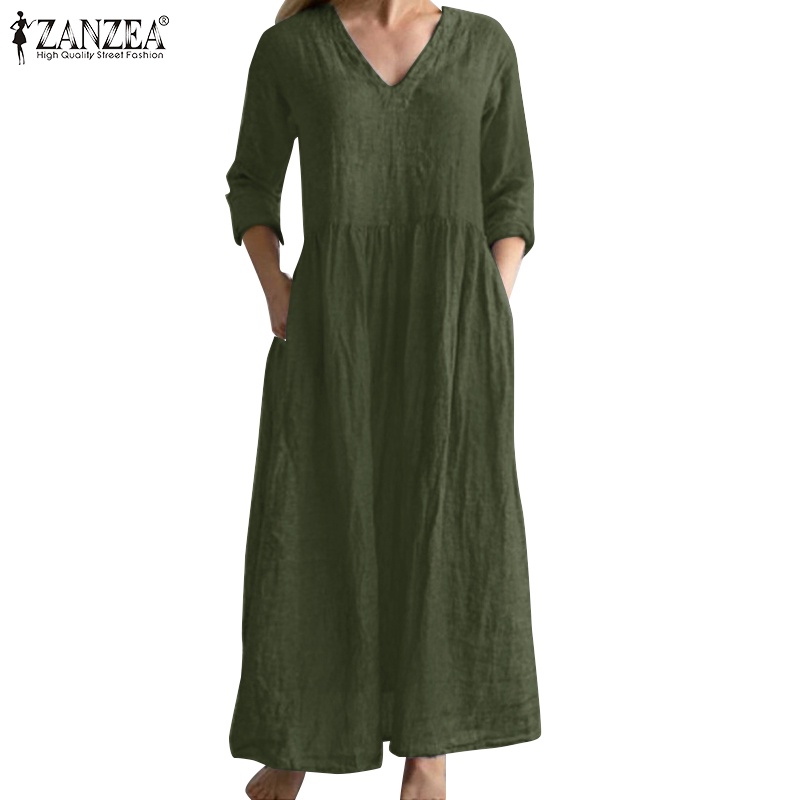 ZANZEA Women Europe Daily Casual Long Sleeve V Neck Solid Dress