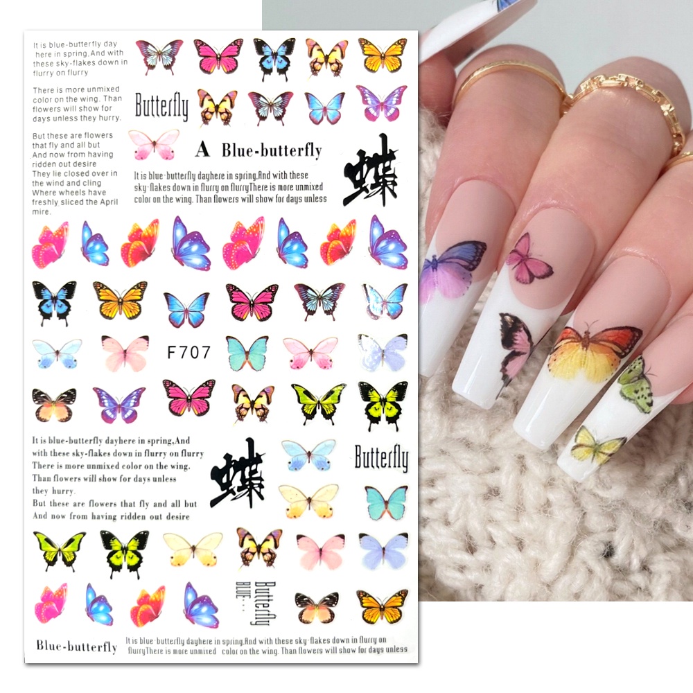 Set 8 Tấm Hình Dán Trang Trí Móng Tay Tự Dính Họa Tiết Bướm Màu Xanh Dương / Đen / Vàng Dành Cho Nữ
