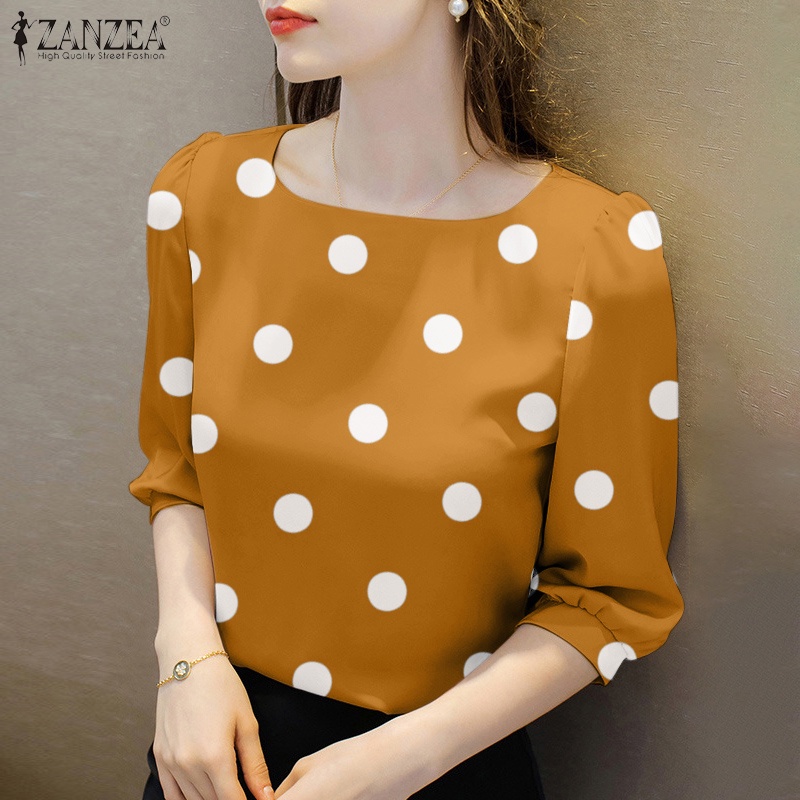 ZANZEA Áo Kiểu Cổ Vuông Họa Tiết Chấm Bi Phong Cách Hàn Quốc Thời Trang Cho Nữ