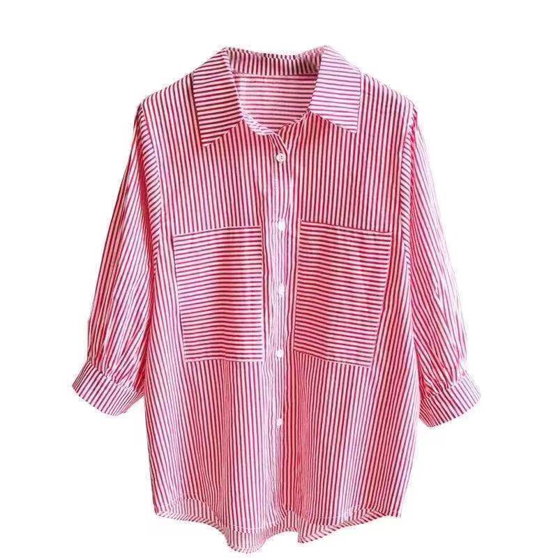 Áo Sơ Mi Tay Lửng Họa Tiết Kẻ Sọc Phong Cách Hàn Quốc Dành Cho Nữ