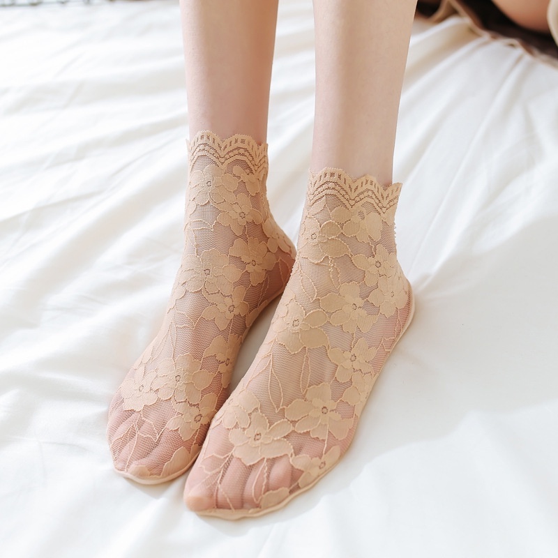 Đôi Vớ Thuyền Phối Ren Hoa Trong Suốt Chống Trượt Thời Trang Cho Nữ