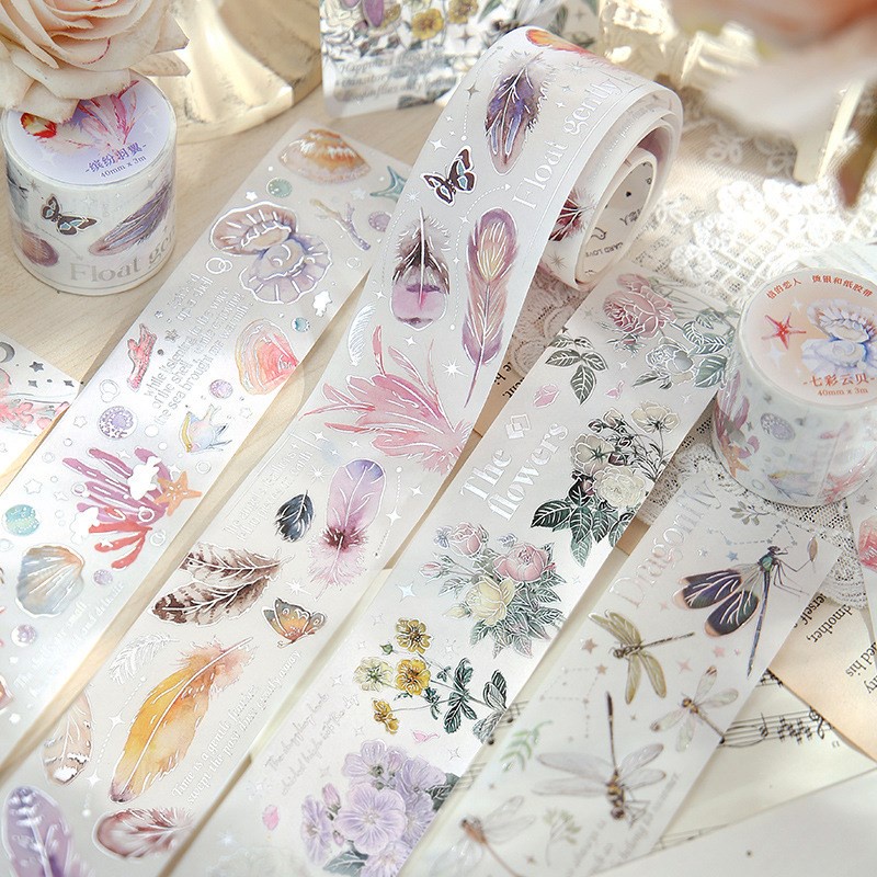 Cuộn Băng Washi Lá Bạc Tự Nhiên Mặt Nạ Washi Hình Chim / Vỏ Sò Trang Trí Sổ Tay DIY