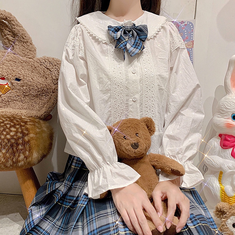 IELGY  Áo Sơ Mi Tay Phồng Cổ Búp Bê Phong Cách Nhật Bản Dễ Thương Cho Nữ
