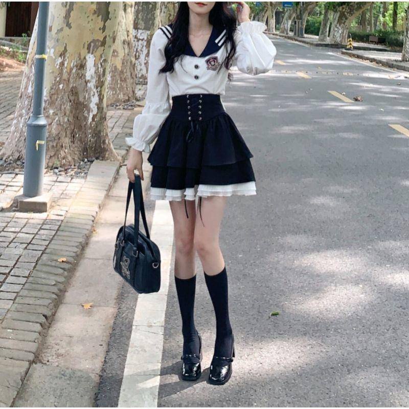 Set Áo Sơ Mi Cổ Thủy Thủ + Chân Váy Ngắn Lưng Cao Cột Dây Thời Trang Hàn Quốc Cho Nữ