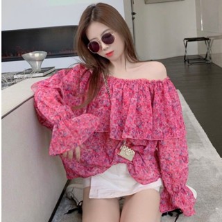 Áo kiểu trễ áo trễ vai Off Shoulder Áo Sơ Mi Chiffon Floral Tay Loe Trễ Vai Dáng Rộng In Hoa Thời Trang Mùa Hè Cho Nữ