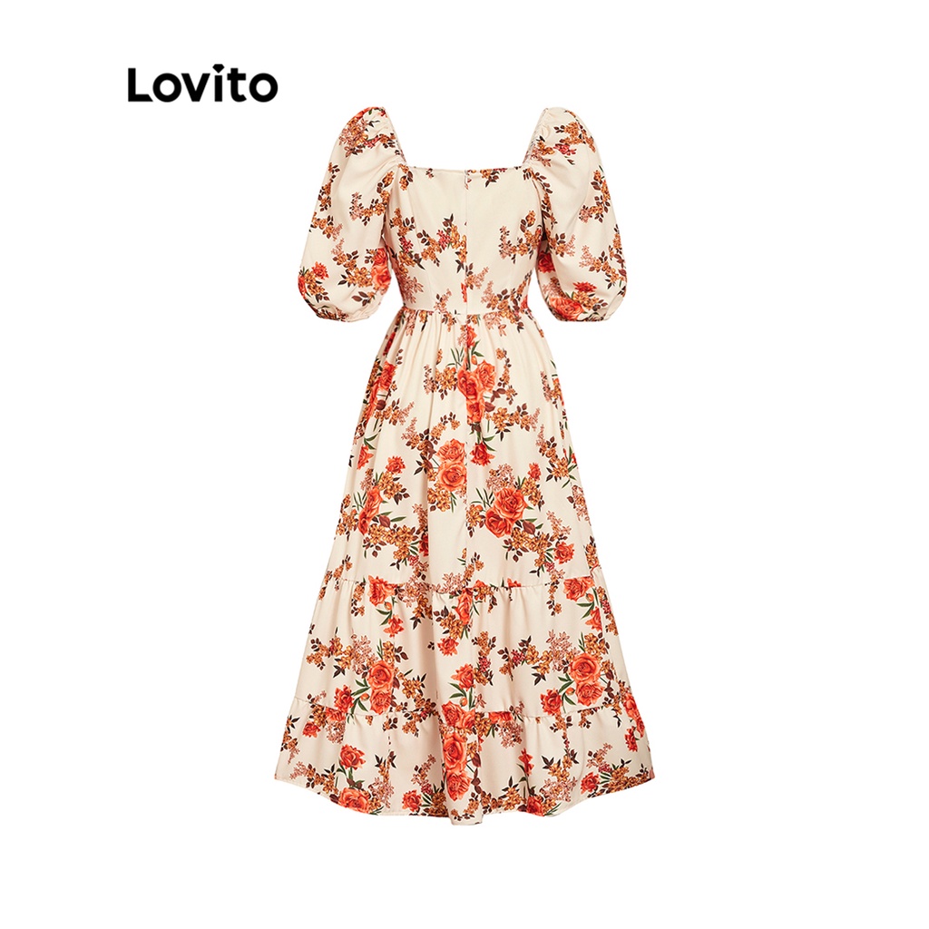 Đầm LOVITO maxi dáng chữ A diềm xếp nếp nhún bèo cổ tim họa tiết hoa thanh lịch cho nữ L45LD047 (màu vàng nhạt)