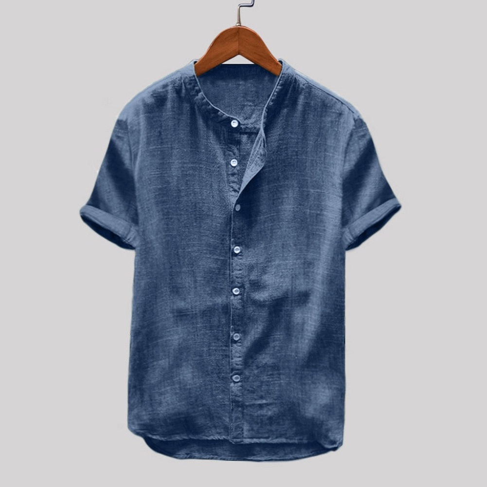 Áo Sơ Mi Cotton Linen Tay Ngắn Màu Trơn Cài Nút Dành Cho Nam