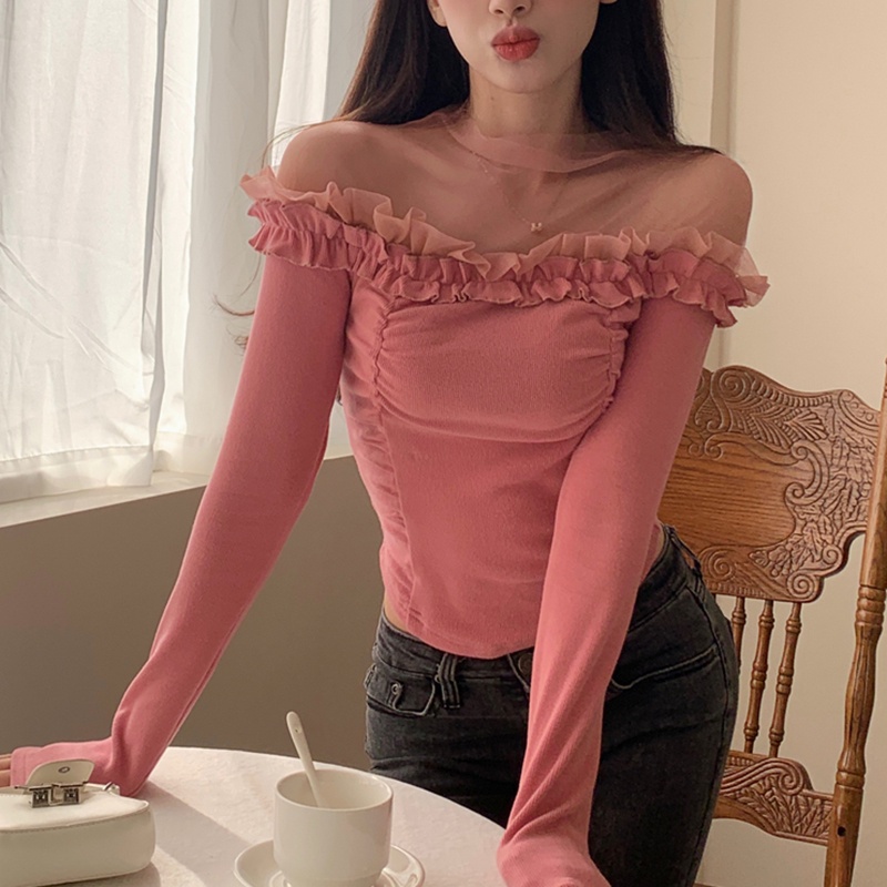 IELGY  Áo Dệt Kim Tay Dài Phối Ren Thời Trang Cho Nữ