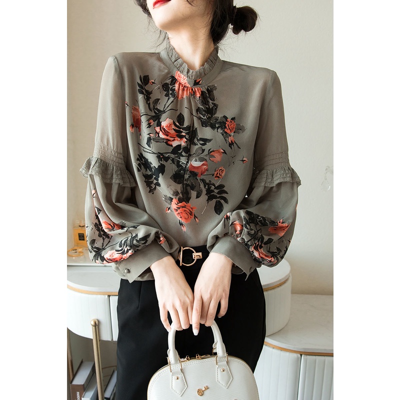 Áo Sơ Mi Tay Phồng Cổ Đứng Cỡ Lớn Thoáng Khí Thoải Mái Thời Trang Phong Cách Hàn Quốc