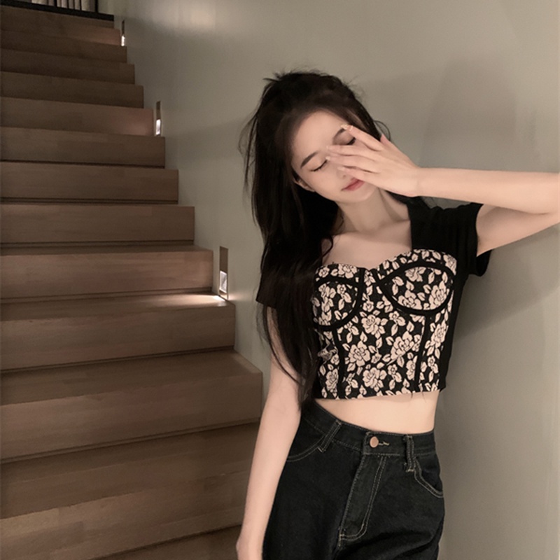 IELGY   Áo Thun Tay Ngắn In Họa Tiết Màu Sắc Tương Phản Phong Cách hong kong Thời Trang Cho Nữ