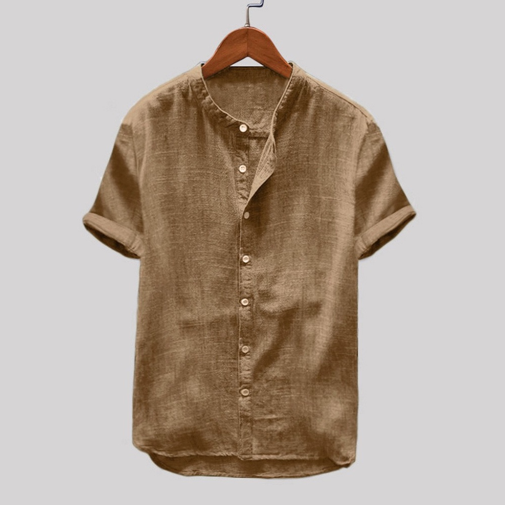 Áo Sơ Mi Cotton Linen Tay Ngắn Màu Trơn Cài Nút Dành Cho Nam