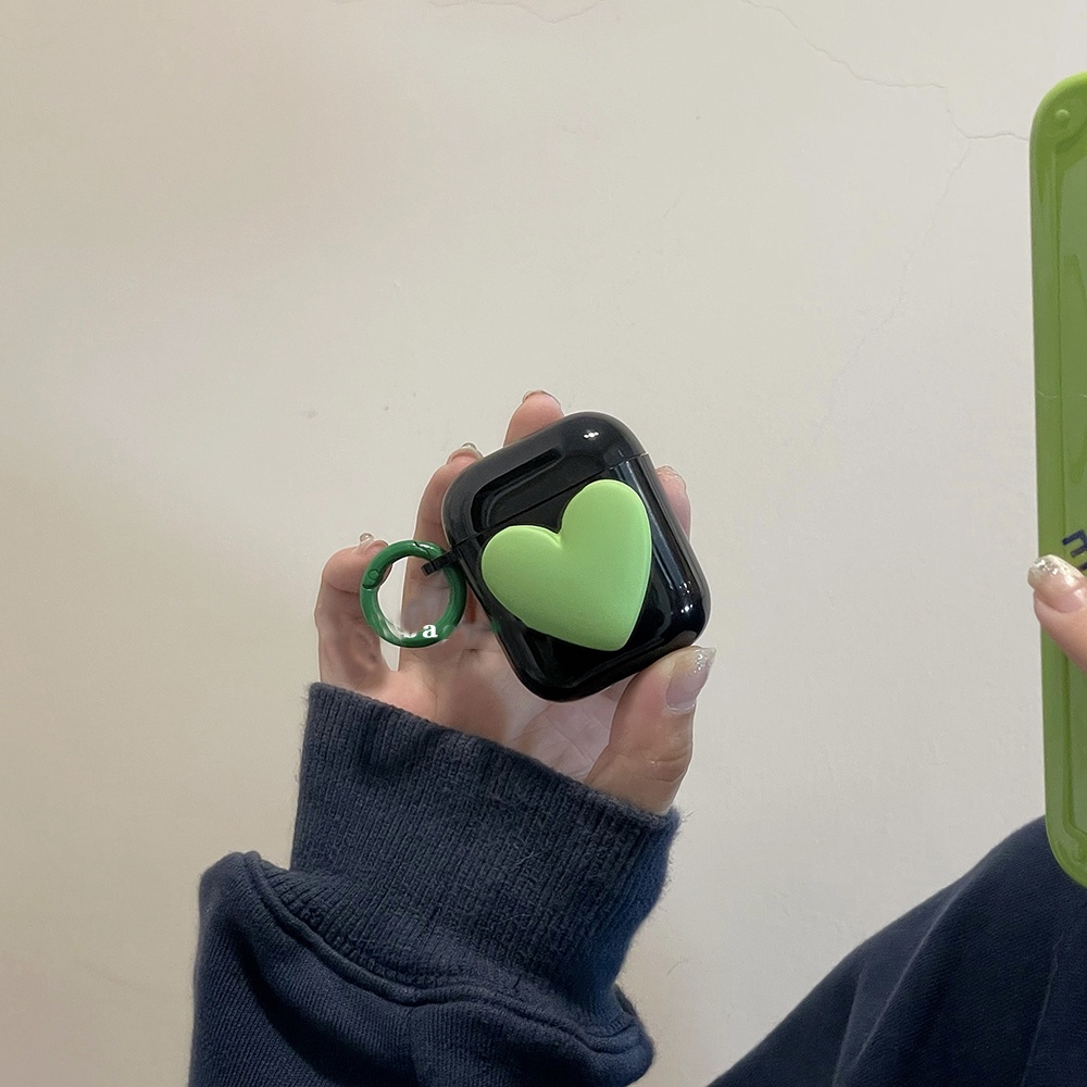 Vỏ Bảo Vệ Hộp Sạc Tai nghe không dây Airpods 1 / 2 / pro Bằng TPU Mềm Họa Tiết Trái Tim Màu Đen / Xanh Lá Kiểu Hàn Quốc