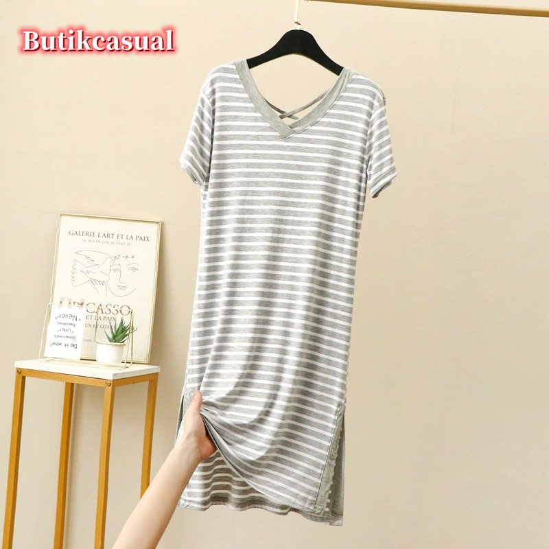 Đầm Cotton Modal Dáng Rộng Tay Ngắn Cổ Chữ V Lưng Đẹp Thoải Mái Mùa Hè Cho Nữ