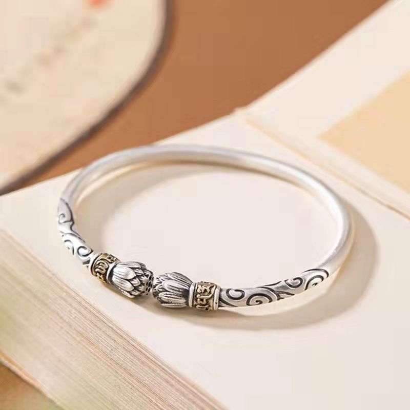 Vòng Tay Bạc 999 Dạng Hở Màu Trơn Đơn Giản Phong Cách Retro Cho Nam Nữ