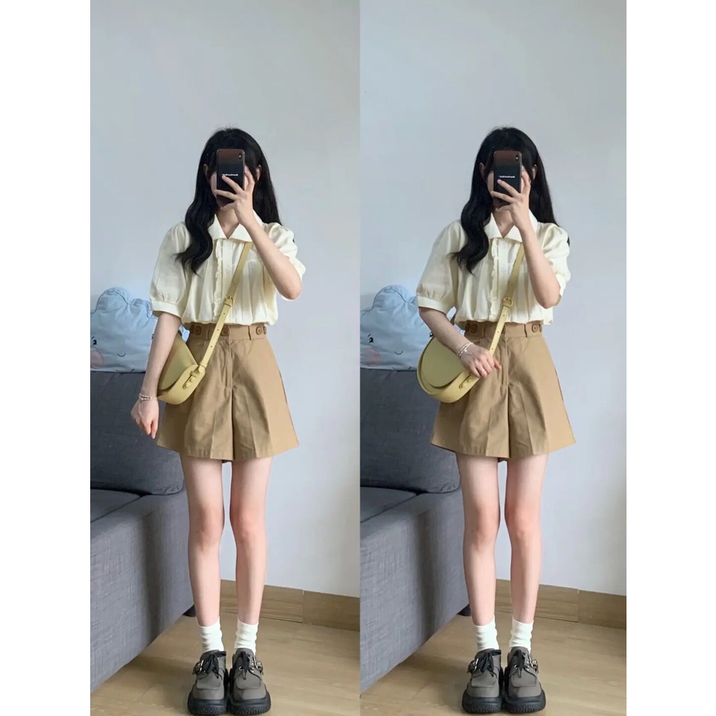 Set Áo Sơ Mi Tay Ngắn Phồng + Quần Short Kaki Phong Cách Preppy Thời Trang Mùa Hè Mới Cho Nữ