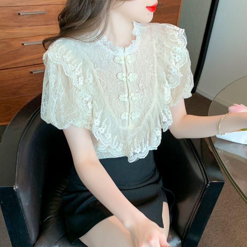 Áo Voan Tay Ngắn Phồng Phối Ren Thời Trang Mùa Hè Dành Cho Nữ E1MH