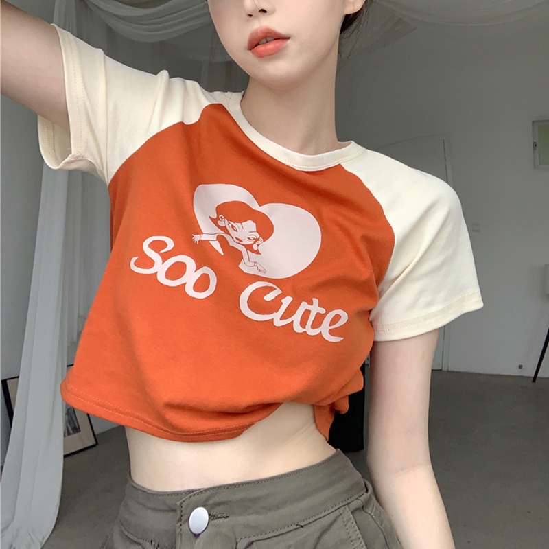 IELGY Áo Thun Tay Ngắn Dáng Ôm Màu Sắc Tương Phản Thời Trang Cho Nữ