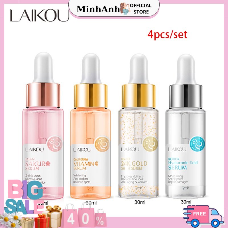 Serum LAIKOU vàng 24K/Vitamin C/Hyaluronic Acid/Hoa anh đào chống lão hóa làm trắng dưỡng ẩm da 30ml,MinhAnhStore phân p