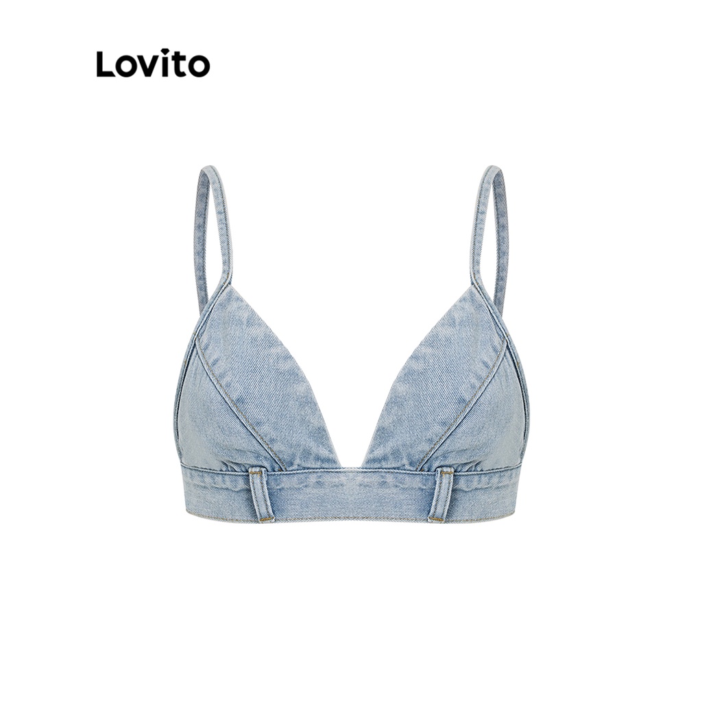 Áo LOVITO denim định hình giặt sờn màu trơn thường ngày dành cho nữ L45LD078 (màu xanh dương nhạt)
