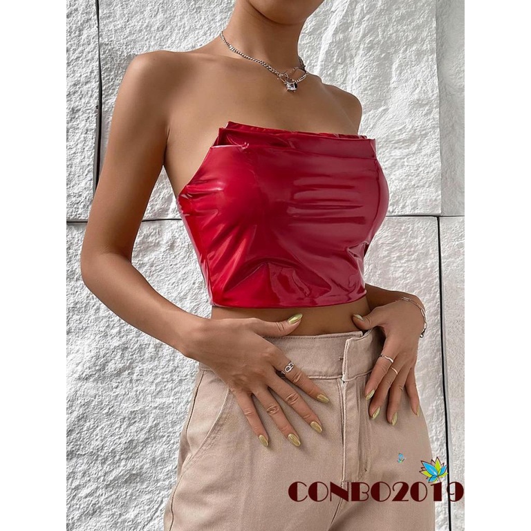 Áo Ống Cúp Ngực Bằng Da PU Màu Trơn Thời Trang Dành Cho Nữ