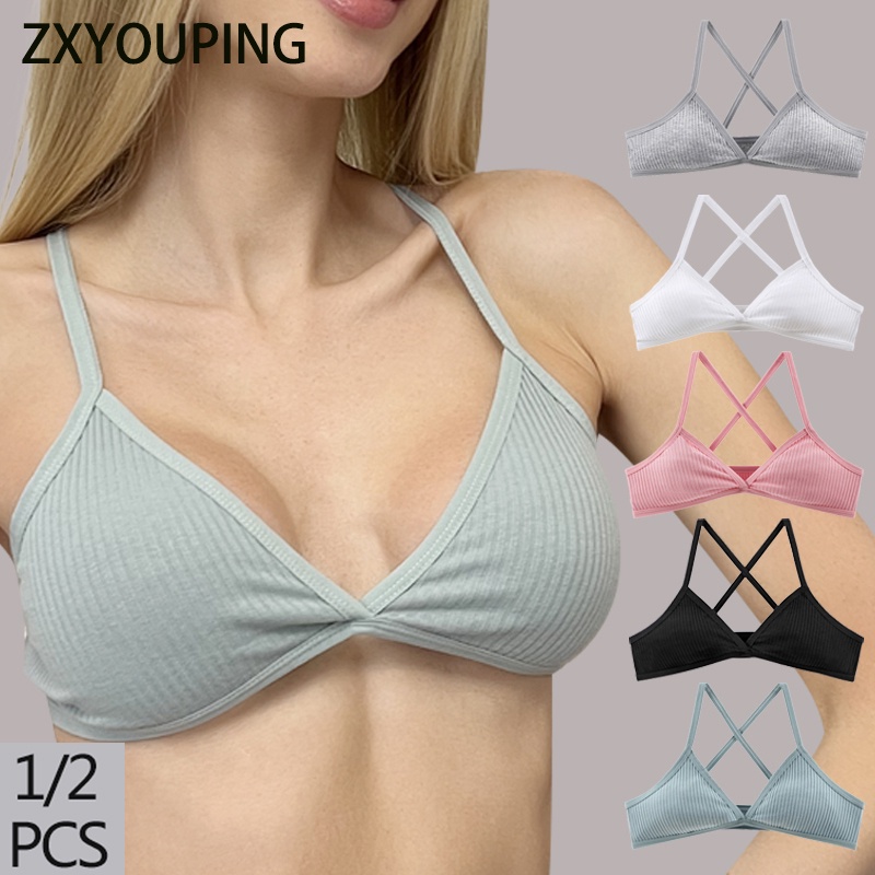 Áo Ngực Thể Thao Vải Cotton Mỏng Không Đường May Cổ V Xẻ Sâu Dây Chéo Lưng Gợi Cảm Cho Nữ