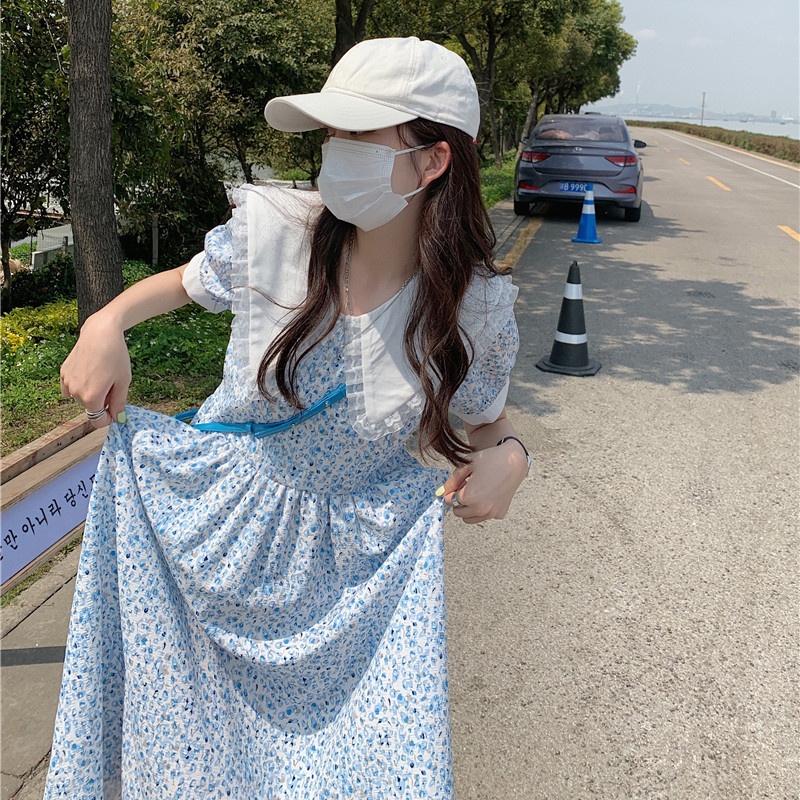 IELGY   Đầm Midi Cổ Búp Bê Họa Tiết Hoa Ngọt Ngào Thời Trang Cho Nữ