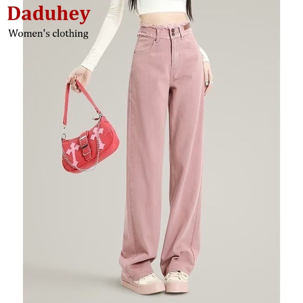 DaDuHey💕 2023 New Korean Version of INS Dirty Pink WOMEN'S Jeans High Waist Loose Wide Leg Pants Niche Trousers