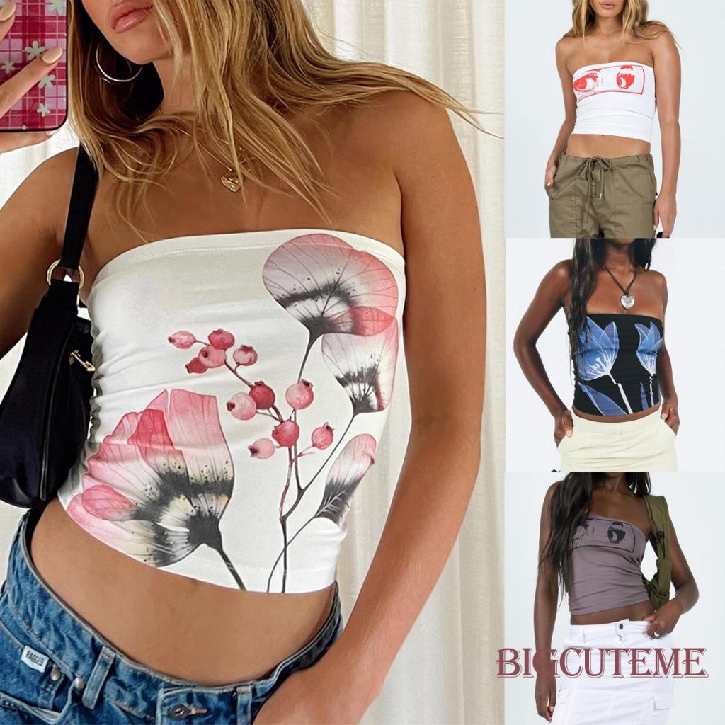 [] Áo Ống Mini Không Tay Hở Lưng In Hình Hoa Sen / Đôi Mắt Thời Trang Mùa Hè Dành Cho Nữ