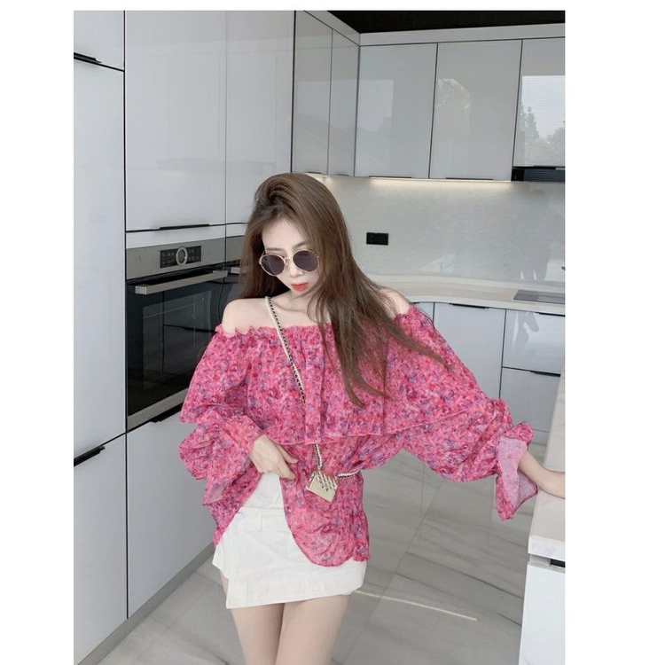 Áo kiểu trễ áo trễ vai Off Shoulder Áo Sơ Mi Chiffon Floral Tay Loe Trễ Vai Dáng Rộng In Hoa Thời Trang Mùa Hè Cho Nữ
