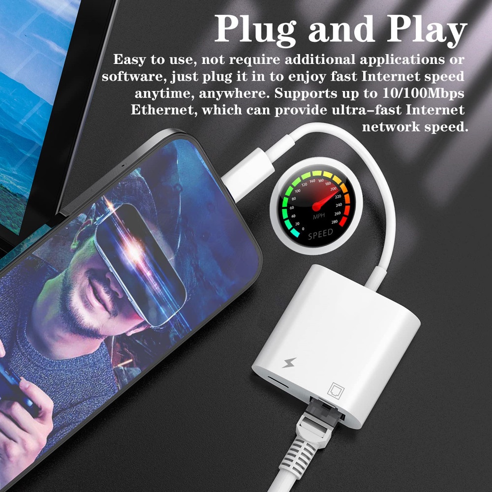 Bộ Chuyển Đổi Dây Cáp Mạng LAN RJ45 Với 3 Camera Và Cổng Sạc USB Cho iPhone / iPad