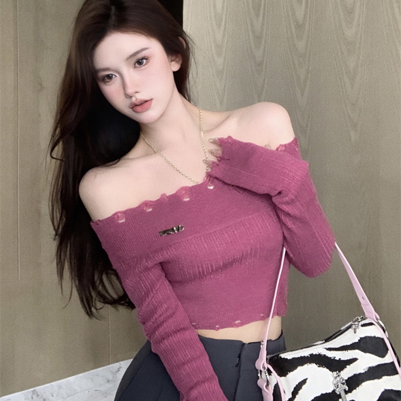 IELGY  Áo sweater Dệt Kim Tay Dài Dáng Ôm Rách Cá Tính Cho Nữ