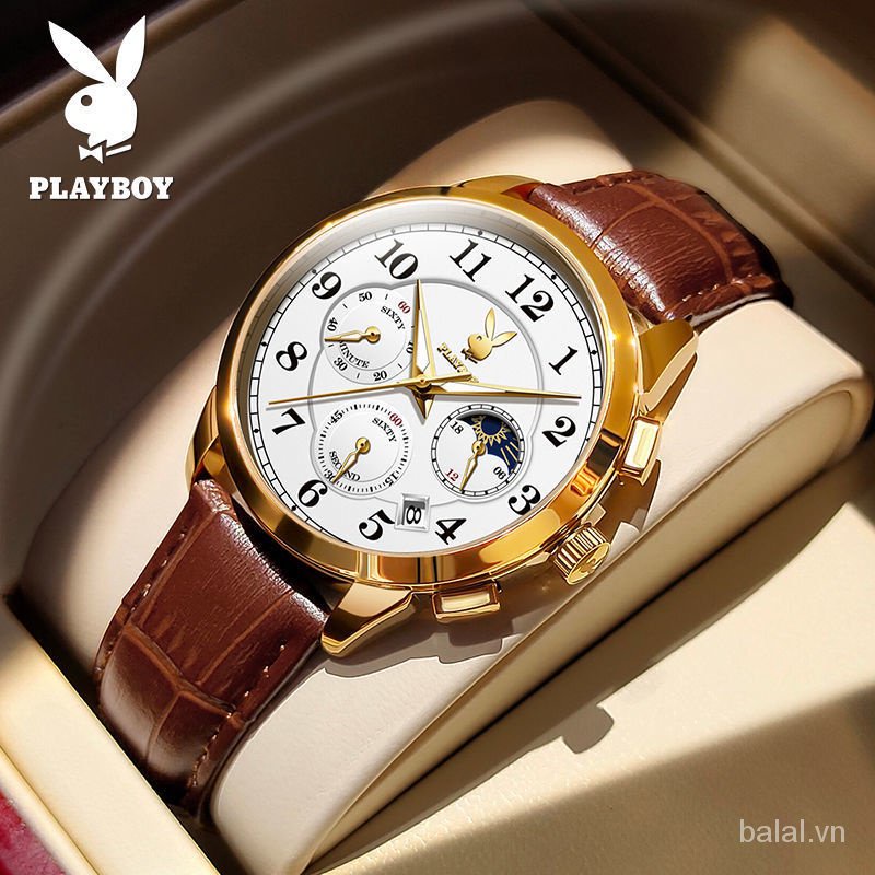 Đồng Hồ Đeo Tay Playboy Dây Da Thật Dạ Quang Chống Thấm Nước Cao Cấp Kiểu Âu Mỹ Cho Nam