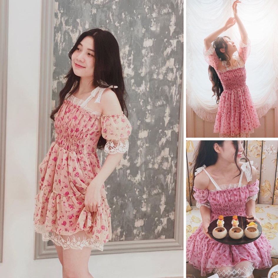 Đầm hoa nhí công chúa ulzzang, Váy babydoll xếp tầng tay bồng trễ vai Cao Cấp màu hồng cam đào - MiNhi Fashion