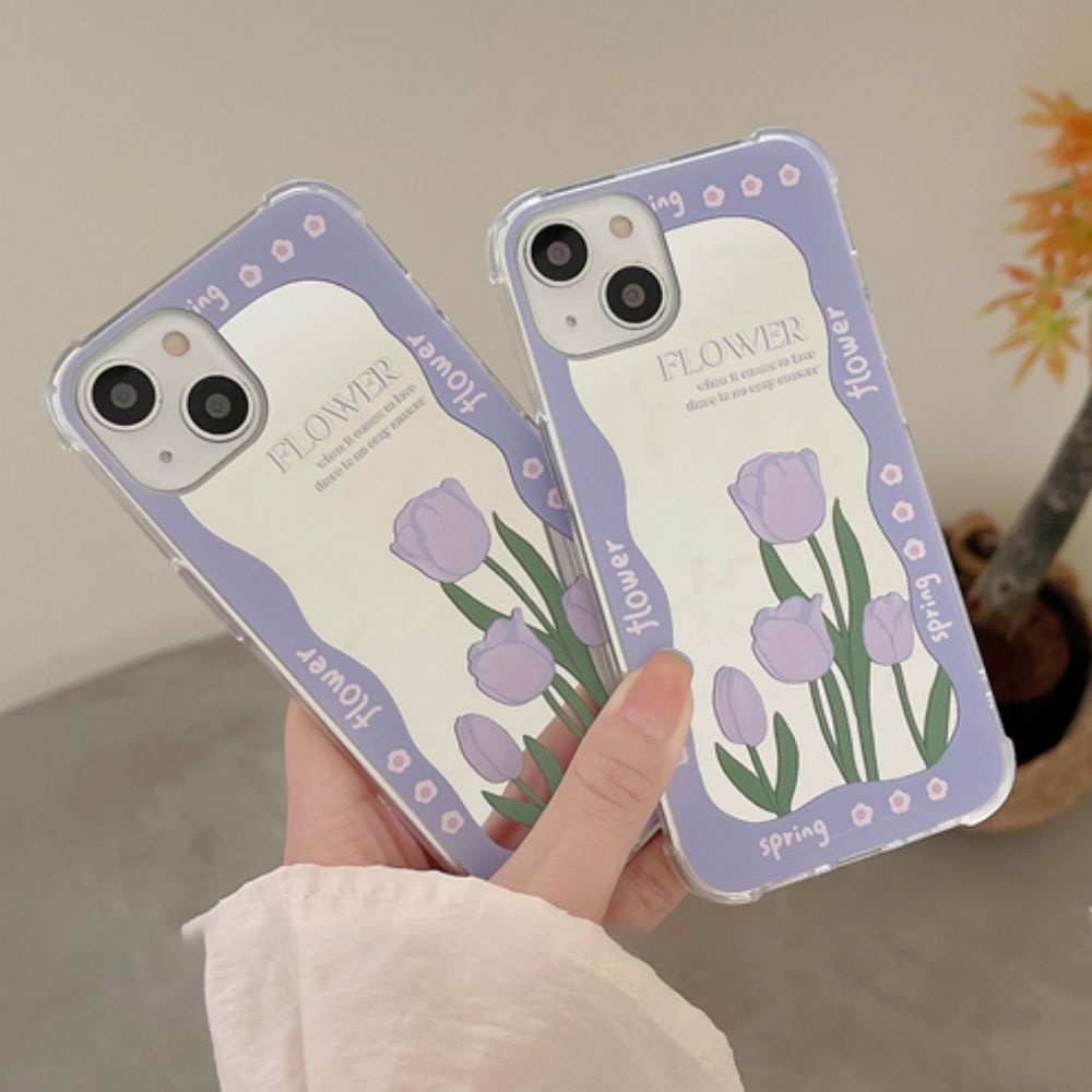 Ốp Điện Thoại TPU Dẻo Gắn Gương Hình Hoa Tulip Tím Thời Trang Cho IPhone 14 13 12 11 Pro Max XS XR 8 7 Plus
