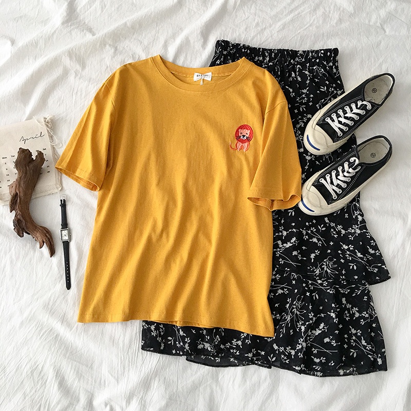 Áo Thun Ngắn Tay Cổ Tròn Thêu Họa Tiết Thời Trang Hàn Quốc Cho Nữ