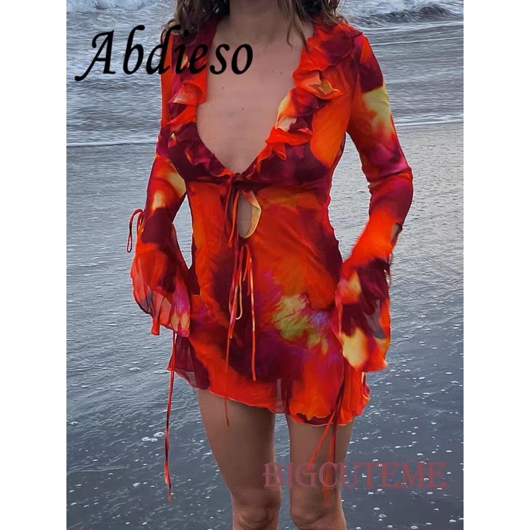 Đầm Mini Tay Dài Cổ Chữ V Họa Tiết Màu Nhuộm Phối Bèo Thời Trang Cho Nữ