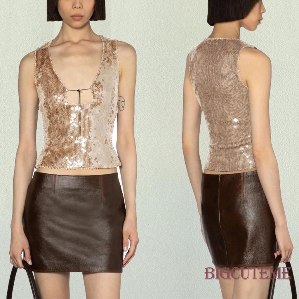 Áo Tank Top Sát Nách Màu Trơn Đính Kim Sa Lấp Lánh Phối Dây Rút Cá Tính Cho Nữ