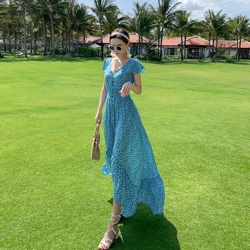 Đầm maxi đi biển hoa xanh cổ V đuôi cá dáng dài tay cách tiên xinh đẹp
