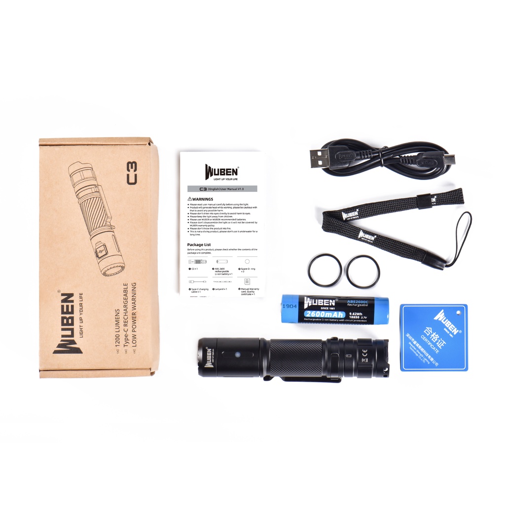 Đèn Pin WUBEN C3 LED Sạc Type-C Công Suất Cao 1200LM Chống Thấm Nước Kèm Pin