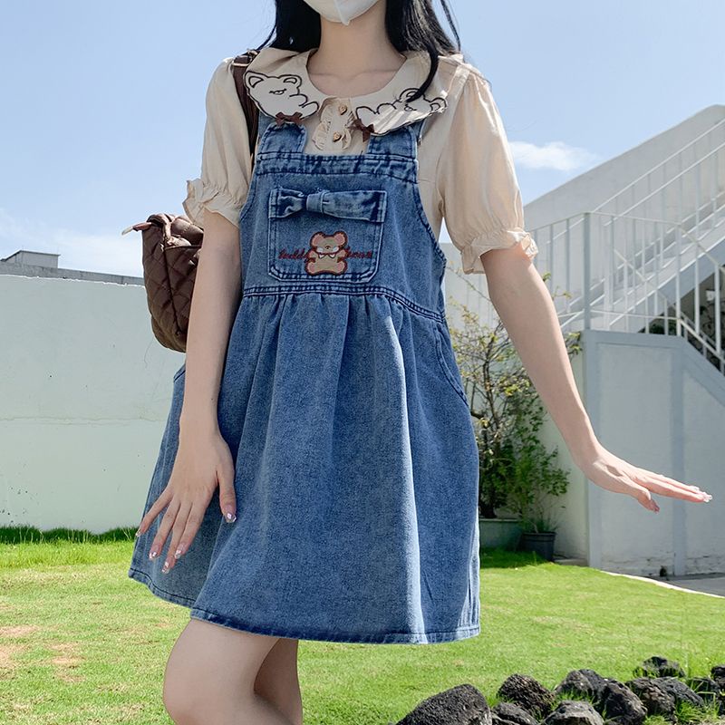 Bộ Áo Sơ Mi Cổ Búp Bê Thêu Họa Tiết Gấu Kèm Đầm Yếm Denim Thời Trang Mùa Hè Cho Nữ