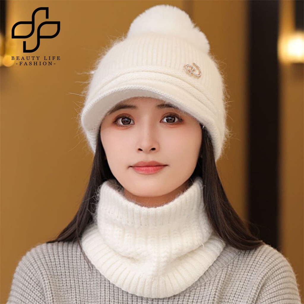 Bộ Nón Khăn Choàng + Khăn Choàng Dệt Kim Mềm Mại Đính Đá Phối Bóng Lông Thỏ Dày Dặn Ấm Áp Chống Gió Thời Trang Mùa Đông Cho Nữ