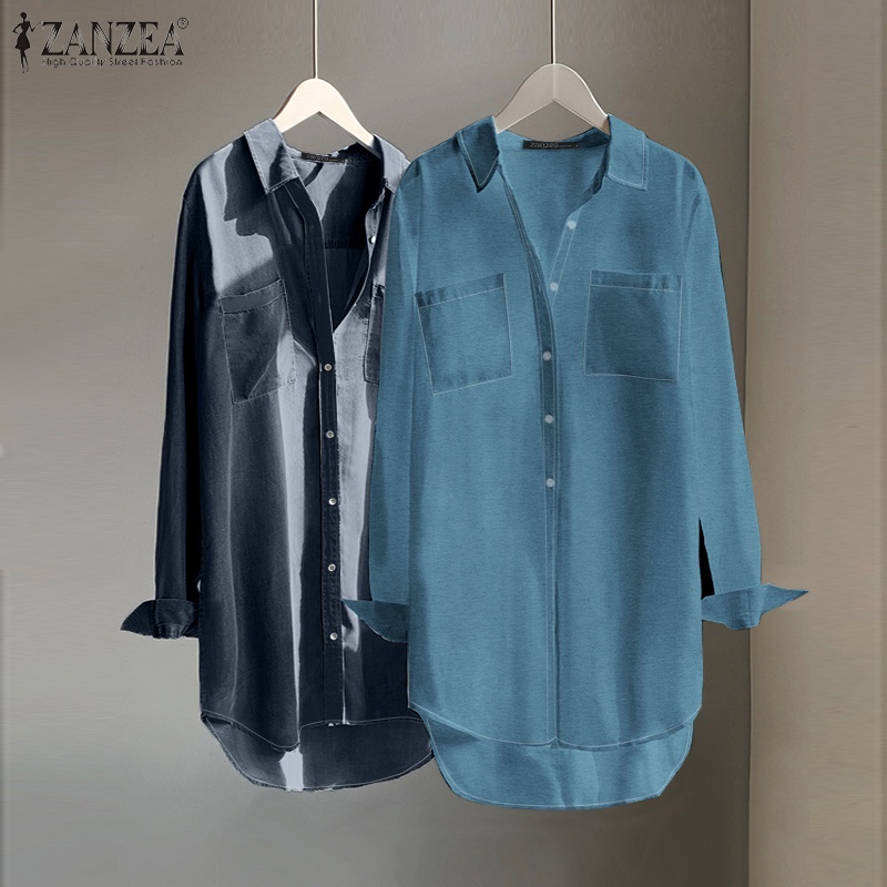 Zanzea Áo Sơ Mi Denim Dài Tay Có Túi Trước Sau Thời Trang Nữ