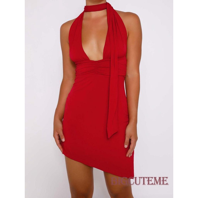 [] - Đầm Hai Dây Cổ Chữ V Màu Trơn Không Tay Hở Lưng Mini Đỏ / Đen Cho Nữ